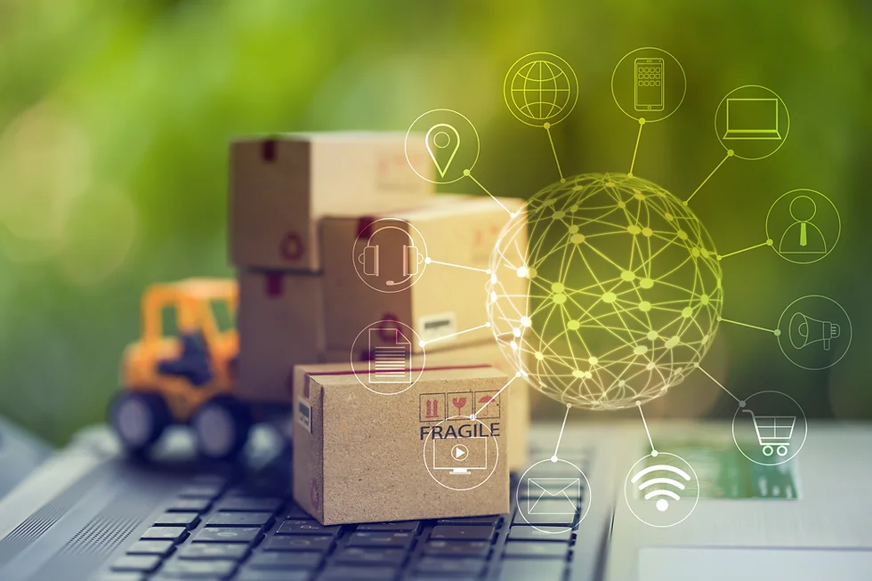 Logistic, supply _ Online shopping concept_ Fork-lift truck moves cardboard box on keyboa
